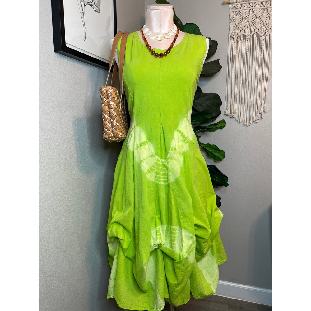 Artsy Boho Lagenlook French Bustle 100% Cotton Midi Dress Lime Green Tie Dye